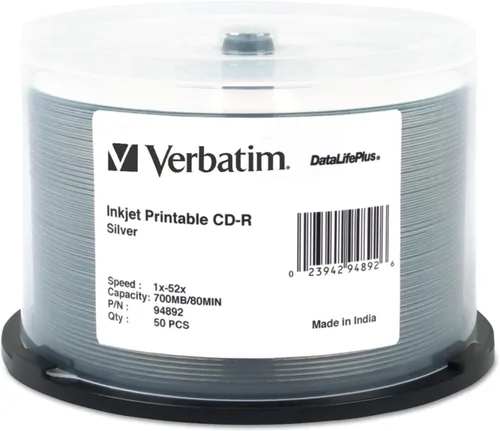 Miniatura 9 de Verbatim CD-R 700MB 52X DataLifePlus White Inkjet imprimible, Hub imprimible - 50pk Husillo - 94755