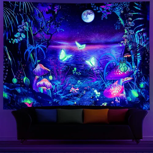 Miniatura 3 de Serborlur Tapiz de luna de bosque de fantasía, luz negra, reactivo a los rayos UV, mariposa, galaxia, espacial, tapiz para colgar en la pared, telón