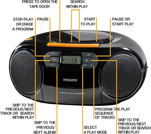Miniatura 3 de Philips Reproductor de CD portátil Boombox - Reproductor de MP3 portátil y reproductor de cinta de casete, sistema de sonido estéreo compacto Boom