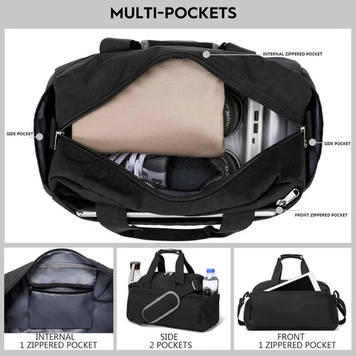 Miniatura 2 de Bolsa de gimnasio pequeña de 14 pulgadas para mujeres y hombres, mini bolsa de lona para viajes, deportes, bolsa de transporte ligera, color negro