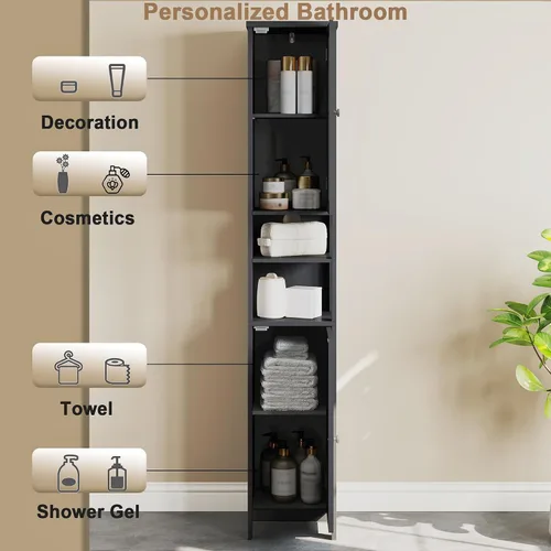 Miniatura 5 de ChooChoo Armario Alto de Almacenamiento para Baño con Luz, Gabinete de Baño Estrecho de 5 Niveles con 2 Puertas, Gabinete de Ropa Blanca Delgado
