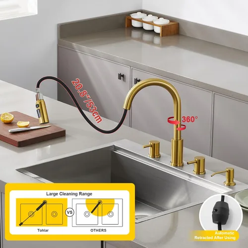 Miniatura 5 de Tohlar Grifo de cocina de 4 agujeros, grifo de cocina dorado cepillado con dispensador de jabón y rociador extraíble, 3 modos, grifo de fregadero