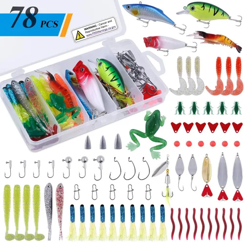 PLUSINNO Kit de accesorios de pesca, caja de aparejos de pesca con aparejos incluidos, anzuelos de pesca, pesas de pesca, tiro dividido redondo, 78