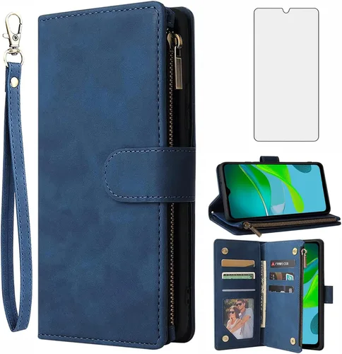 Asuwish Funda compatible con Motorola Moto E13 y protector de pantalla de vidrio templado, funda de cuero con tapa para tarjetero, accesorios para