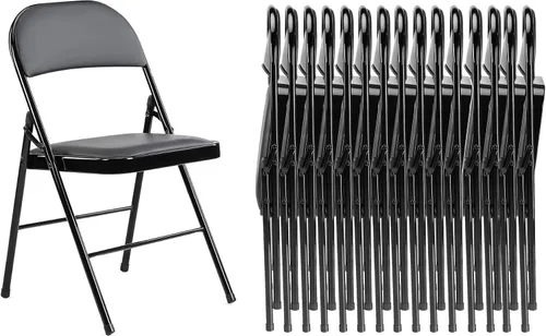 Miniatura 20 de Paquete de 2 sillas plegables, silla comercial apilable portátil, silla de cuero acolchada para interiores y exteriores con marco de metal Negro