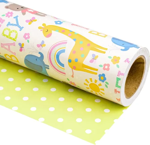 WRAPAHOLIC - Papel de regalo reversible para baby shower de 30 pulgadas x 33 pies - Diseño de animales y nuevo bebé para baby shower neutral, New