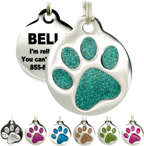 Miniatura 9 de Etiqueta grabada para mascotas para perros y gatos, personalizada con 4 líneas de identificación grabada, huella de pata redonda, acero inoxidable