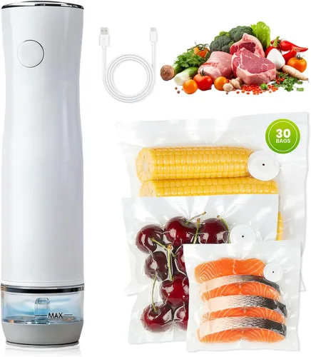 Sellador al vacío compacto para alimentos, máquina selladora al vacío de mano recargable con 30 bolsas selladoras al vacío reutilizables, sellador