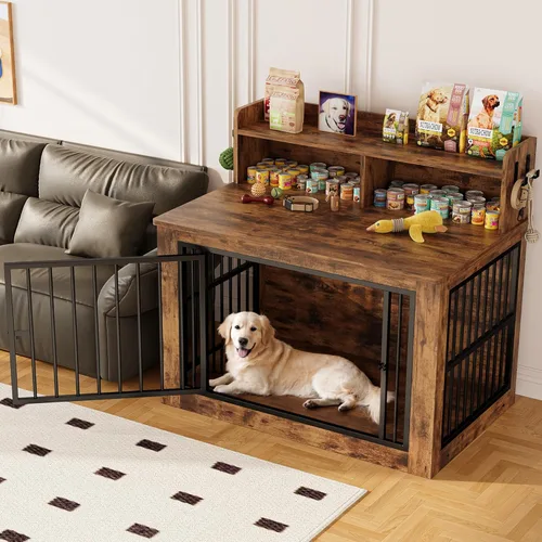 Miniatura 9 de IRONCK Mueble de jaula extragrande para perros, jaula de madera de 43.3 pulgadas con almacenamiento y 4 ganchos, jaula resistente para perros Marrón