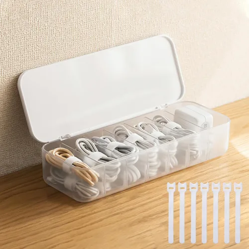 PAVSTINE Organizador de Cables Caja de Almacenamiento con 7 bridas de alambre, caja de organización de cables de escritorio con tapa, organizador de