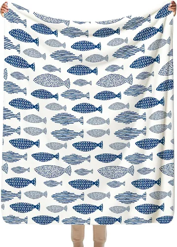 SPBL&L Manta de peces de playa costera, azul y blanco, manta náutica de peces oceánicos para cama, sofá, dormitorio, sala de estar, decoración de