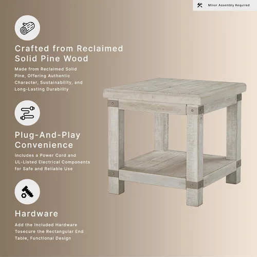 Miniatura 8 de Signature Design by Ashley Carynhurst Farmhouse - Mesa auxiliar rectangular con estante inferior, 2 tomas eléctricas y 2 puertos USB, madera, 24