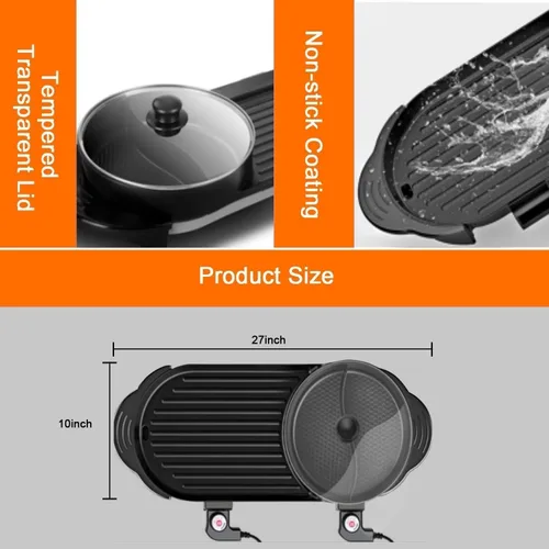 Miniatura 3 de Olla caliente de 27" con parrilla, parrilla eléctrica de barbacoa de 2200W antiadherente para barbacoa coreana para 2-12 personas, control de Negro