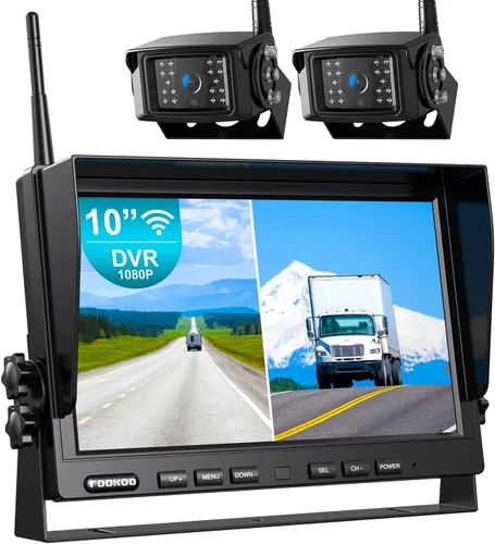 Miniatura 11 de Fookoo Sistema de cámara de respaldo inalámbrico HD de 10 pulgadas, monitor cuádruple dividido 1080P de 10 pulgadas con grabación, cámaras de visión