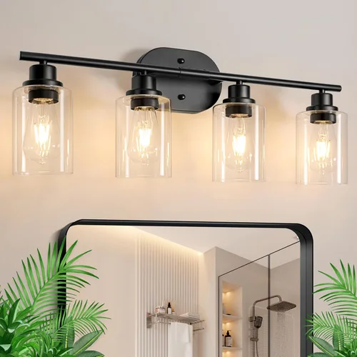 Miniatura 10 de Ascher Lámparas de Vanidad de Baño, 3 Apliques de Pared de Luz con Pantalla de Vidrio Transparente, Luces de Pared Negras para Espejo, Cocina, Sala