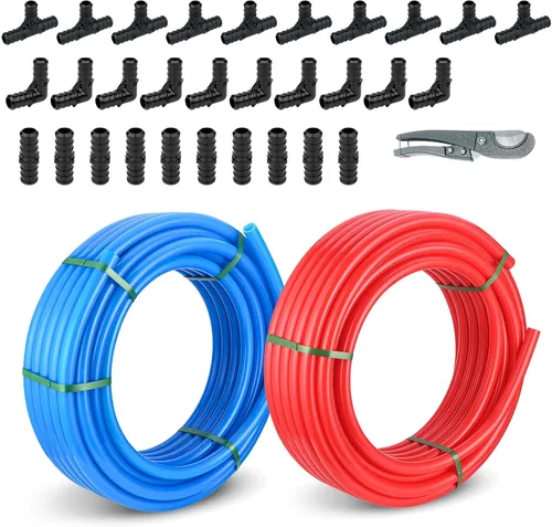 Miniatura 9 de Tubo PEX-B Niikappu azul y rojo de 1/2 pulgada, tubo Pex B de 2 x 75 pies (150 pies) con un cortador de tubos, 30 anillos (AB-2-75-KIT)