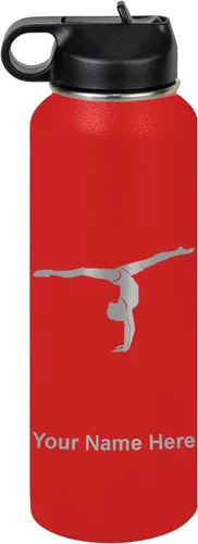 Miniatura 13 de LaserGram Botella de agua personalizada, gimnasta niña, acero inoxidable de doble pared aislada al vacío con popote superior, regalo grabado Azul