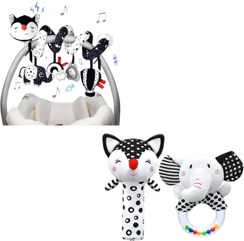 XIXILAND Juguetes musicales para asiento de automóvil, juguetes para bebés en blanco y negro, de 0 a 3 meses y sonajeros para bebés de 0 a 6 meses,