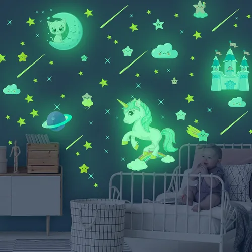 Miniatura 10 de Adhesivos de unicornio que brillan en la oscuridad, calcomanías de puntos y estrellas removibles para techo, adhesivo de arcoíris luminoso para Arco