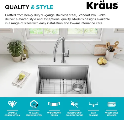 Miniatura 4 de Kraus KHU111-25 Standart PRO - Fregadero de cocina empotrado con tazón individual de acero inoxidable, calibre 16, 25 pulgadas