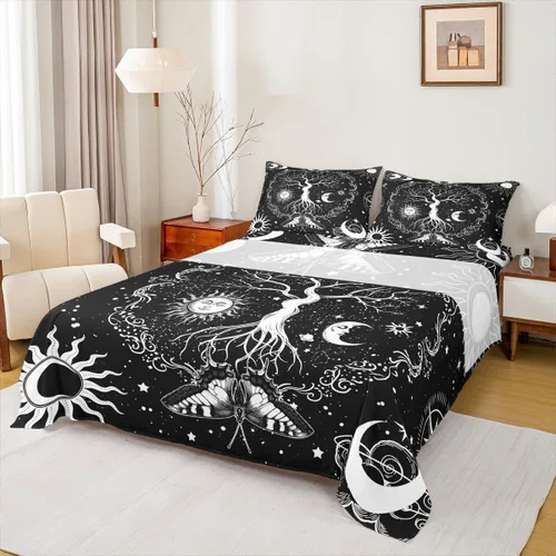 Miniatura 13 de Erosebridal Juego de sábanas tamaño individual con estampado de luna, diseño de flores de loto, color morado degradado, juego de sábanas orientales