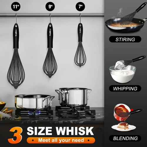 Miniatura 5 de Walfos Batidor de silicona, batidor de alambre de acero inoxidable, juego de 3 batidores de cocina resistentes al calor a 480 °F para utensilios