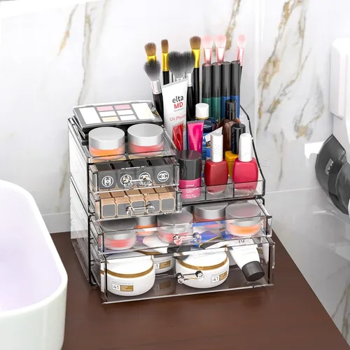 Miniatura 6 de SUOXING Organizador de Maquillaje Acrílico Transparente para Tocador, Baño, Cómoda, Organizadores de Maquillaje de 4 Cajones para Mostrador