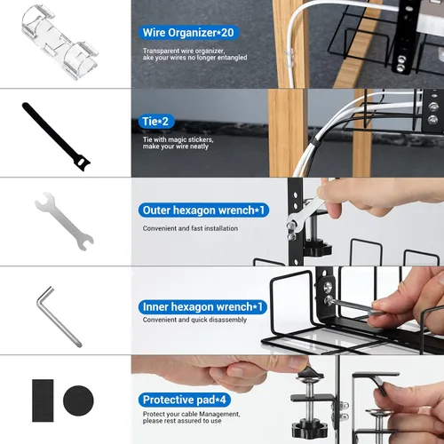 Miniatura 8 de LUXEAR Bandeja de organización de cables para debajo del escritorio, paquete de 2 unidades, sin taladro, con abrazadera en C, organizadores