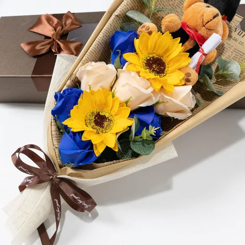 Miniatura 3 de Ansuma Ramo de flores de jabón perfumado de girasol rosa de graduación de 13 pulgadas, mini oso de peluche con tapa de graduación, arreglos Azul