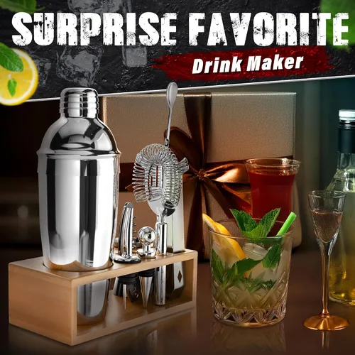 Miniatura 10 de Juego de bar y coctelera (10 piezas) - Kit de barman de mezcla de acero inoxidable con agitador, jigger, colador, mezclador, cuchara, pinzas