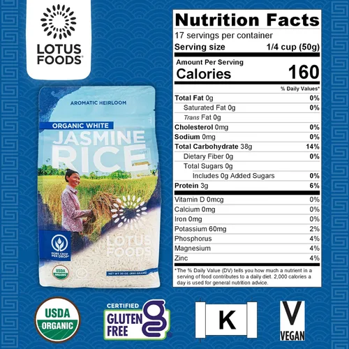 Miniatura 2 de Lotus Foods Arroz orgánico de jazmín blanco, arroz jazmín, arroz blanco sin gluten, arroz orgánico, arroz adhesivo asiático de grano largo, orgánico