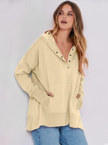 Miniatura 8 de ANRABESS Sudadera casual con botones y cuello en V para mujer, sudadera de gran tamaño con capucha y bolsillos