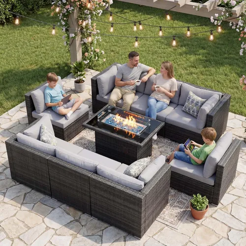 Miniatura 41 de NICESOUL Juego de muebles de patio para exteriores de 7 piezas con mesa para hoguera, gas natural y propano convertible, respaldo alto de 29.3