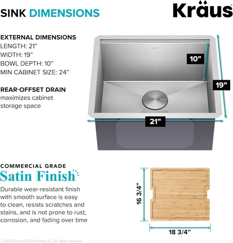 Miniatura 4 de KRAUS Kore KWU111-21 - Lavaplatos de cocina con estación de trabajo de 21 pulgadas, para empotrar, cubeta individual, de acero inoxidable calibre