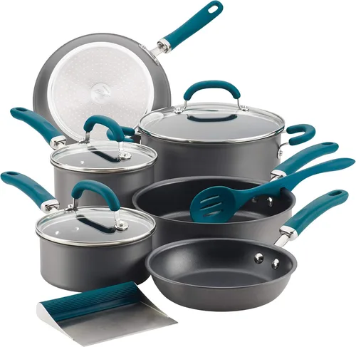 Rachael Ray Create Delicious - Juego de ollas y sartenes antiadherentes anodizadas duras, 11 piezas, color gris con asas verde azulado