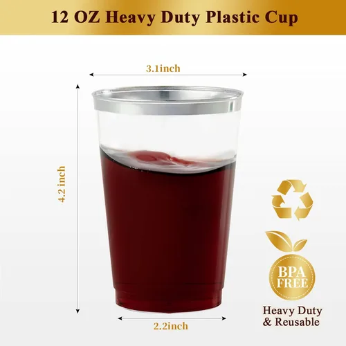 Miniatura 4 de Vplus Paquete de 150 vasos de plástico transparente reutilizables con borde plateado de 12 onzas, vasos desechables de plástico resistentes