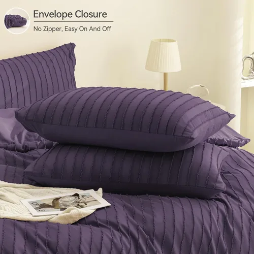 Miniatura 7 de JELLYMONI Funda de edredón tamaño individual morado - Juego de 3 piezas de funda de edredón bohemia a rayas de poliéster con textura copetuda Rayas