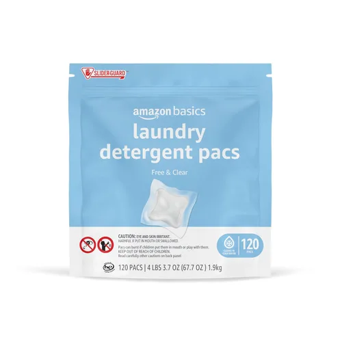 Amazon Basics Cápsulas de detergente para ropa, hipoalergénico, sin fragancia ni colorantes, 120 unidades (nuevo empaque)