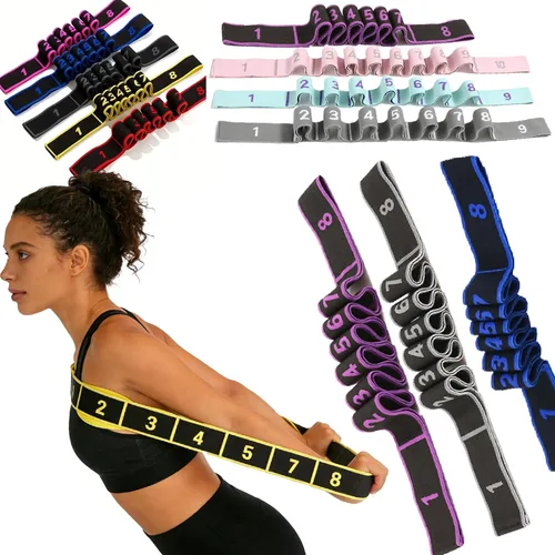 Miniatura 13 de Banda de resistencia de fitness para estiramiento y yoga, banda de resistencia de yoga ajustable de 8 segmentos con asas para brazos, ejercicio