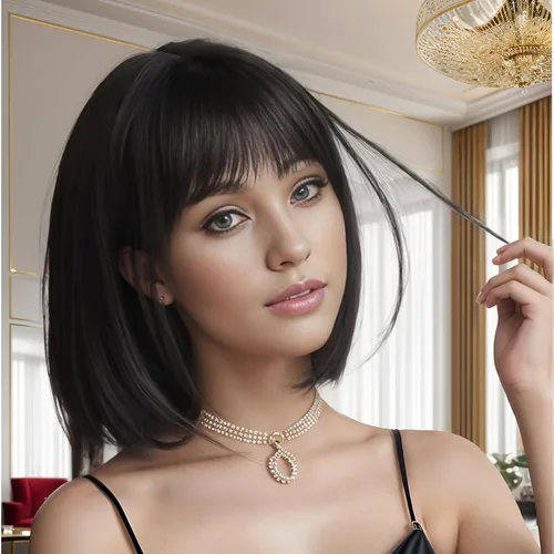 Miniatura 3 de Pelucas de pelo corto negro natural para mujeres con flequillo, 12 pulgadas, lacio, sintético, cosplay, fiesta de Halloween, peluca para niñas, uso