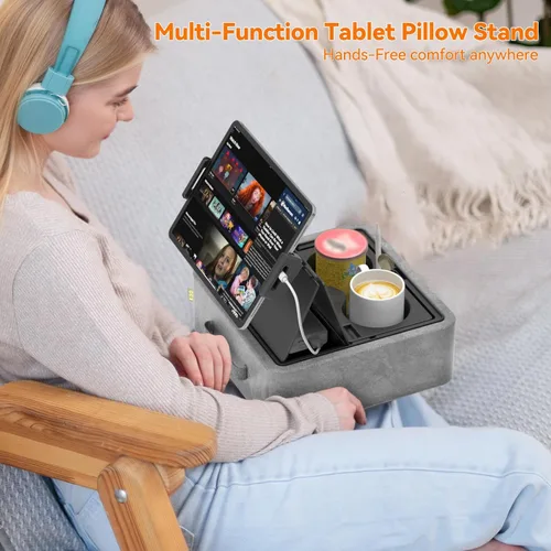 Miniatura 2 de KDD Soporte de almohada para tableta, soporte ajustable para iPad para cama, regazo y escritorio con dos portavasos y bandeja de almacenamiento