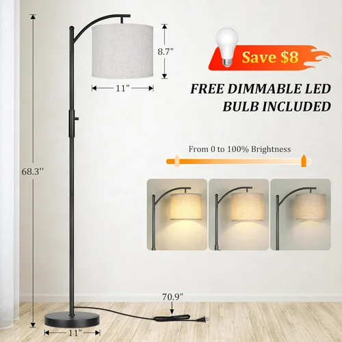Miniatura 3 de ROTTOGOON Lámpara de pie regulable, lámparas de pie de arco para sala de estar, lámpara de pie moderna de atenuación continua con pantalla de lino