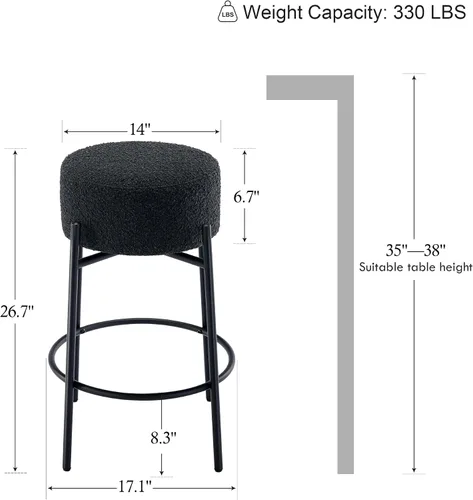 Miniatura 5 de Juego de 2 taburetes de bar modernos de altura de mostrador, taburetes de bar giratorios negros Boucle para isla de cocina, cómodas sillas tapizadas