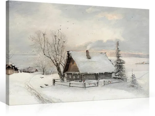 Miniatura 11 de Huabsad Lienzo vintage de Navidad con diseño de casa de campo, arte de pared, estilo retro, nieve, invierno, pueblo, paisaje, famoso, pintura al