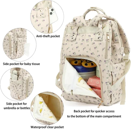 Miniatura 4 de Mochila de ante para pañales para bebés, niñas y niños, grandes bolsas de pañales para mamá (Corderoy beige floral púrpura)