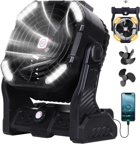 Miniatura 8 de RUNTOP Ventilador de 20000 mAh, funciona con pilas, ventilador de campamento de 2 aspas, ventiladores de escritorio recargables por USB con luz LED