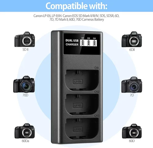 Miniatura 2 de ENEGON LP-E6 LP-E6N LP-E6NH Cargador USB LCD de triple ranura para Canon EOS 5D Mark II III y IV, 70D, 5Ds, 6D, 5DsR, 80D, 7D y 7D Mark II, EOS 60D