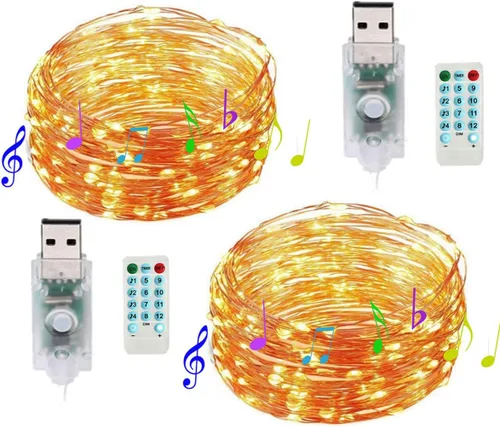 Miniatura 9 de Paquete de 2 tiras de luces de música activadas por sonido, 100 luces LED de alambre plateado de 33 pies con temporizador remoto para dormitorio