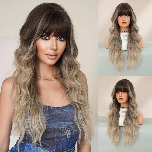 Miniatura 10 de 7JHH WIGS Pelucas de 24 pulgadas de largo, ondulado, color castaño oscuro, rubio, con raíces oscuras, rizado, afro, grande, flexible, esponjoso