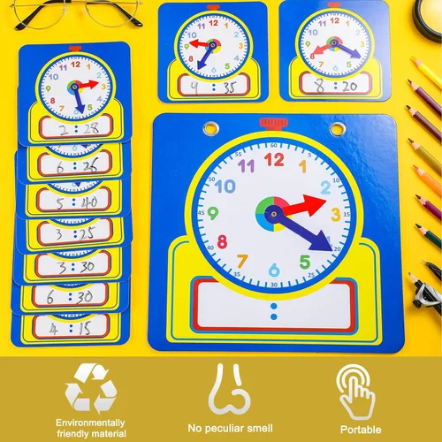 Miniatura 4 de Junkin Kit de reloj de enseñanza de 25 piezas, relojes de aprendizaje para niños, tiempo de aprendizaje con superficie borrable para suministros